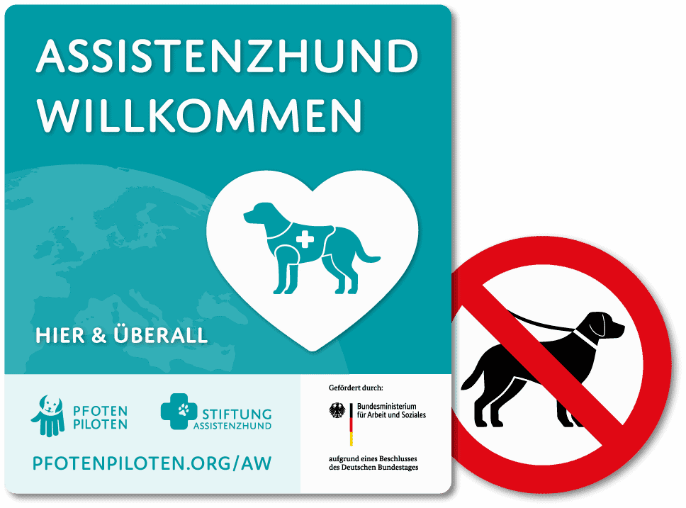 Assistance dog foundation sign prohibiting dog access in public spaces, promoting responsible pet ownership and community safety.