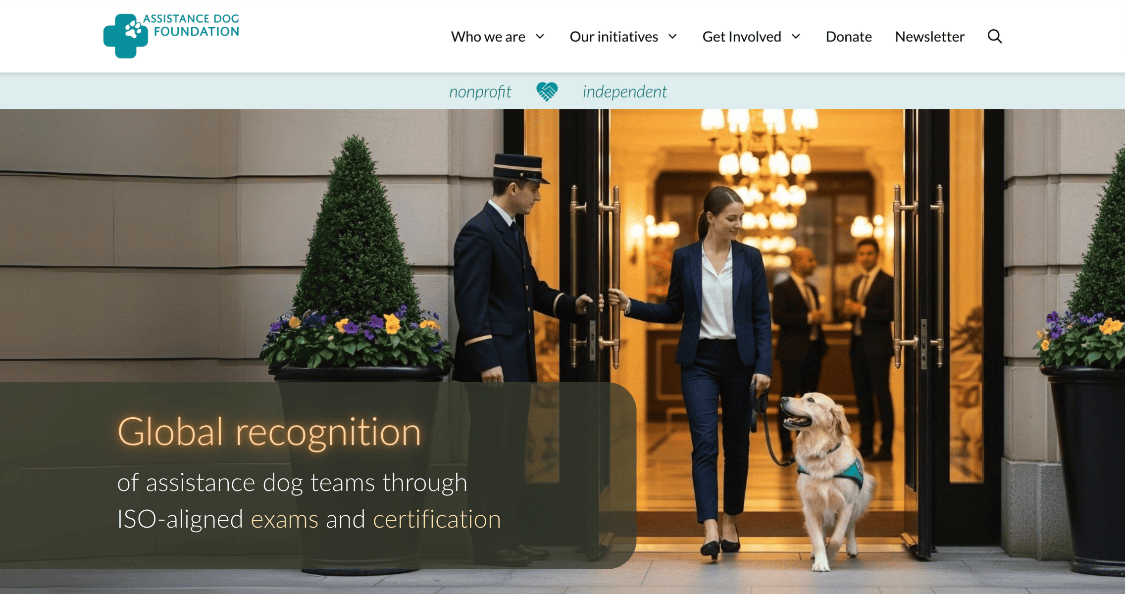 Well-trained assistance dog opening door for handler at hotel entrance.