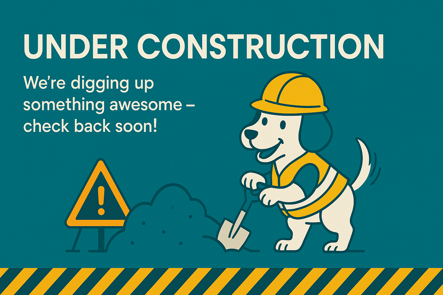 Assistance dog in construction helmet digging in the ground with caution sign background under renovation alert.
