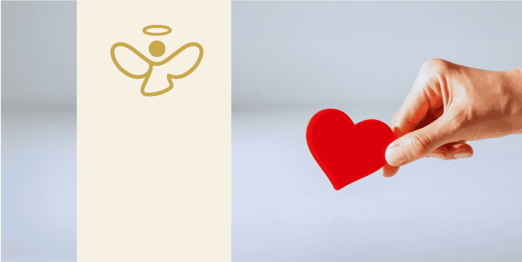 The logo of Angel & Co with a heart handing over a red heart.