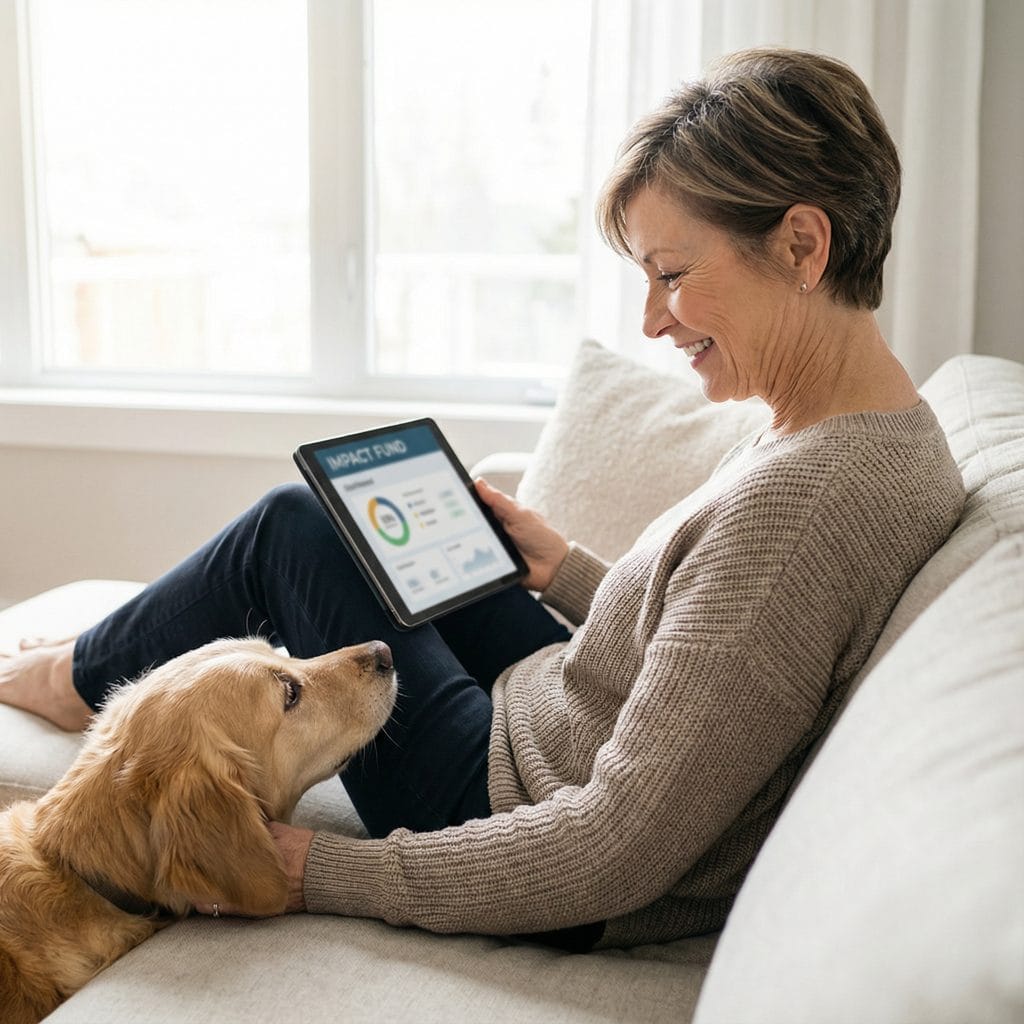Smiling senior sitting on couch looking at her impact fund on her tablet while her golden retriever admiringly looks up to her. 